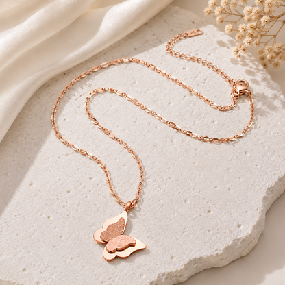 TITLIYA Korean Style Rose Gold Butterfly Pendant Necklace for Women | Sparkling Butterfly Charm Necklace with Oval Link Chain | Anti-Tarnish Fashion Jewellery