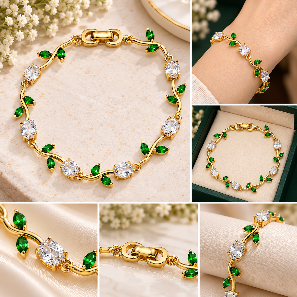 TITLIYA Korean Green & White Stone Tulip Bracelet For Women