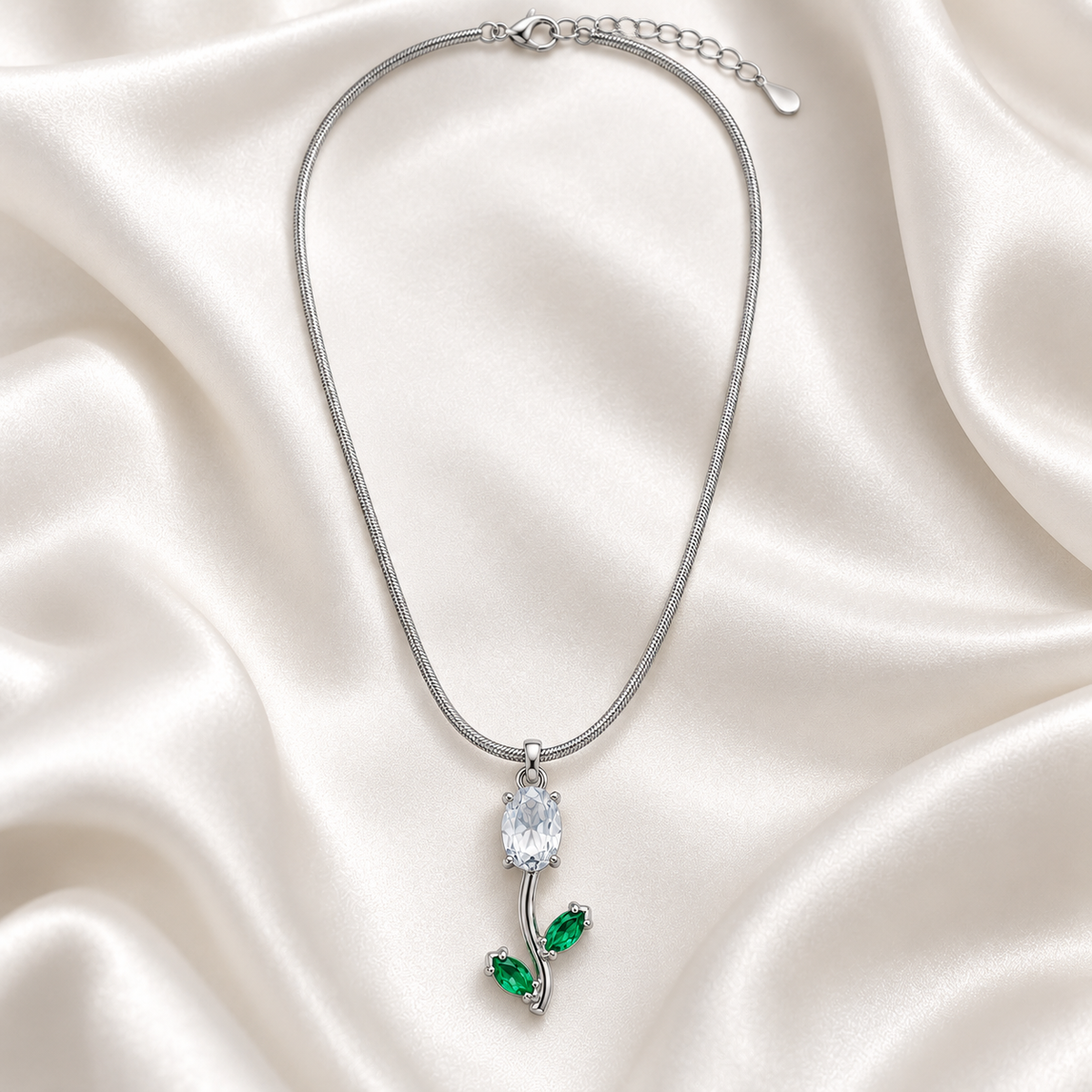 TITLIYA Korean Style Silver Tone White & Green Tulip Pendant Necklace