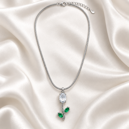 TITLIYA Korean Style Silver Tone White & Green Tulip Pendant Necklace