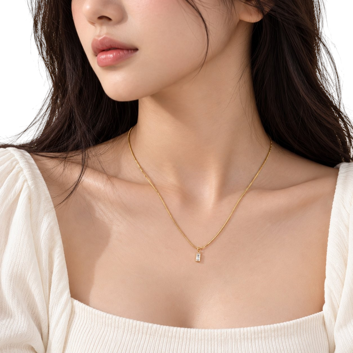 TITLIYA Korean style gold-tone fine chain necklace with a mini rectangular pendant featuring a clear stone detail.