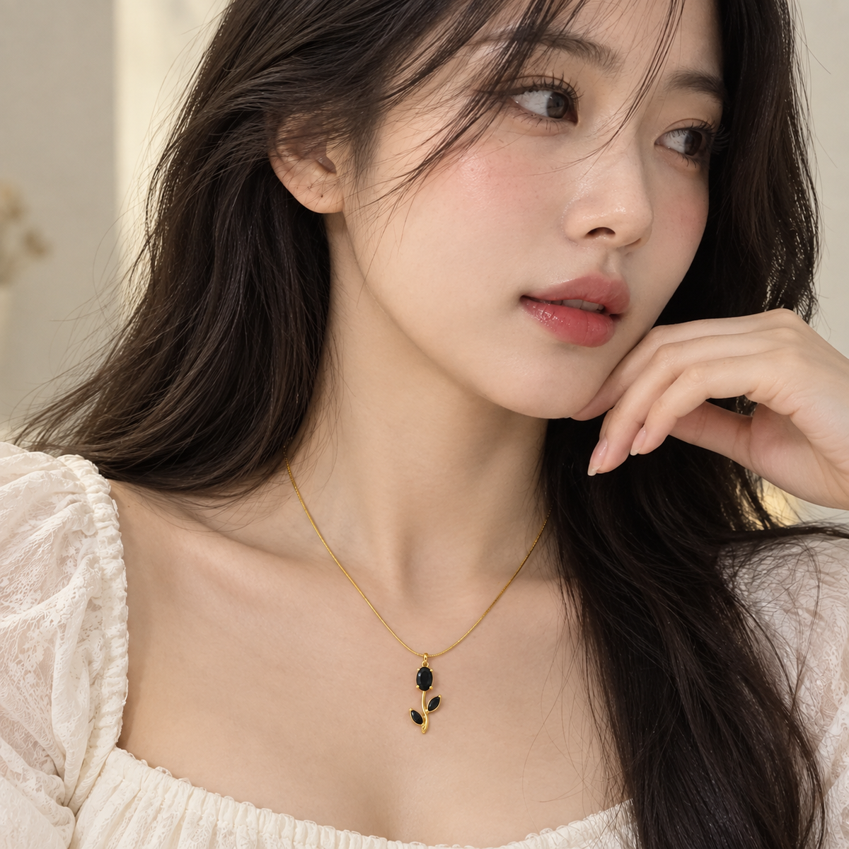 TITLIYA Korean Style Gold Tone Black Tulip Pendant Necklace