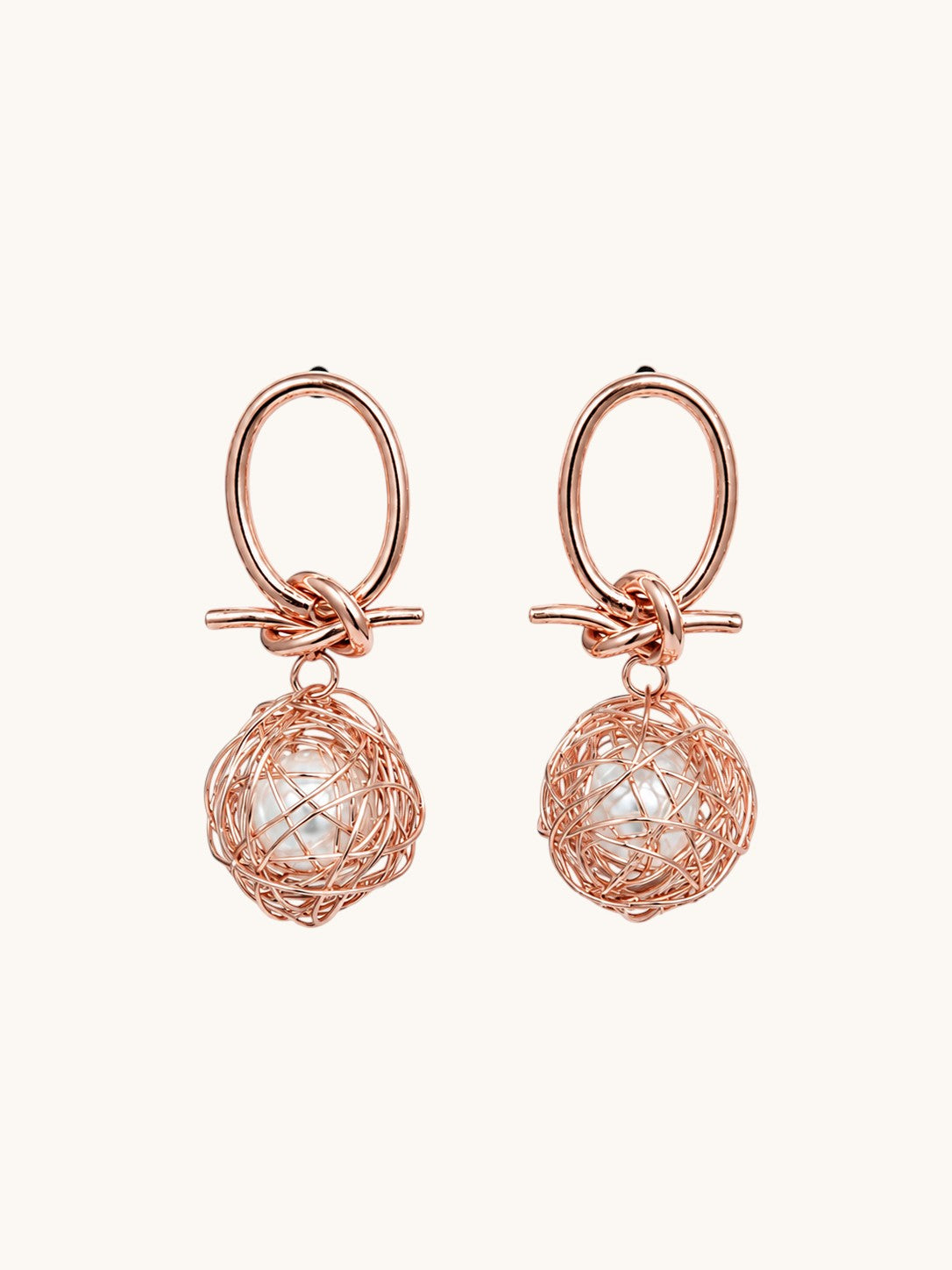 Rose Gold Pearl Wire Ball Knot Drop Earrings