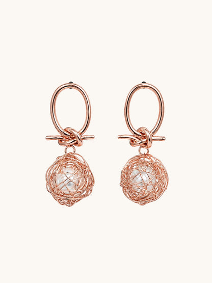 Rose Gold Pearl Wire Ball Knot Drop Earrings