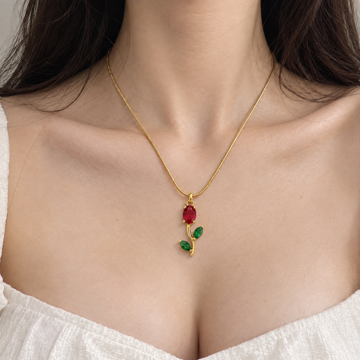 TITLIYA Korean Style Gold Tone Red & Green Tulip Pendant Necklace