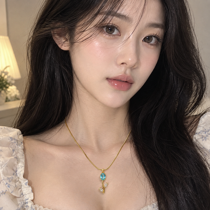 TITLIYA Korean Style Gold Tone Blue & White Tulip Pendant Necklace