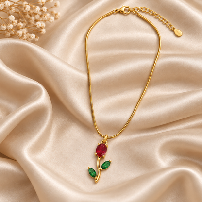 TITLIYA Korean Style Gold Tone Red & Green Tulip Pendant Necklace