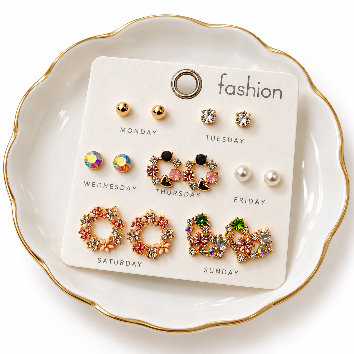 TITLIYA Korean Style Gold-Tone Multicolour Crystal Stud Earrings Set of 7 Pairs for Women