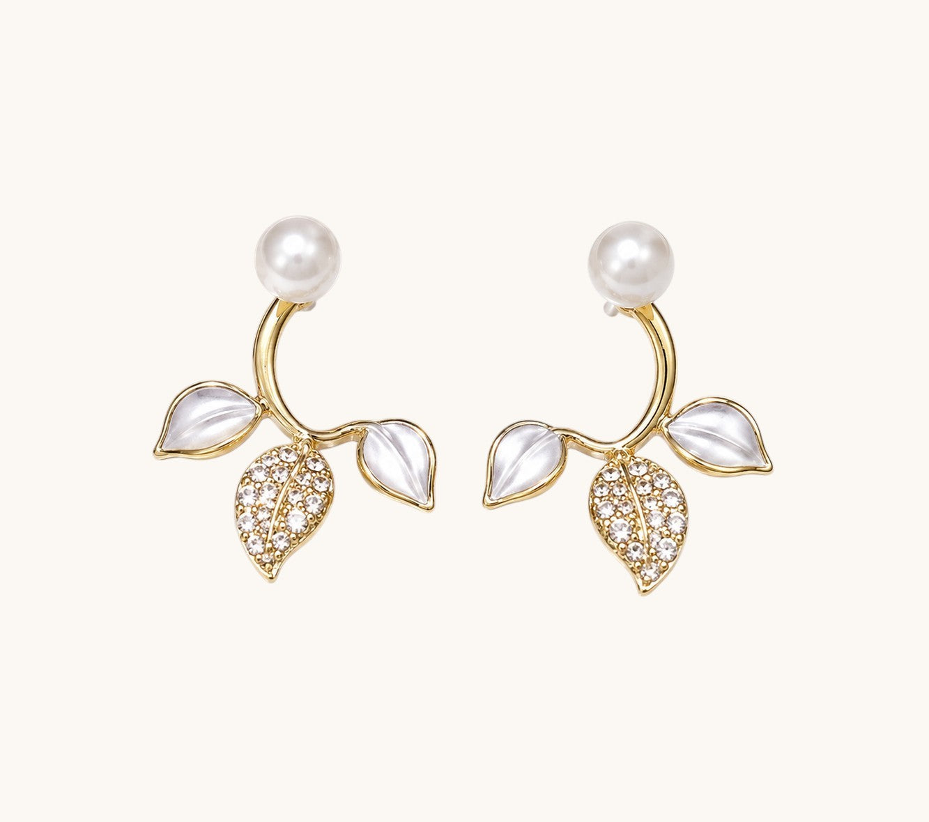 TITLIYA Korean Style Anti-Tarnish Pearl Leaf Stud Earrings for Women | Gold-Tone Pearl & Crystal Stud Earrings