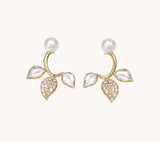 TITLIYA Korean Style Anti-Tarnish Pearl Leaf Stud Earrings for Women | Gold-Tone Pearl & Crystal Stud Earrings