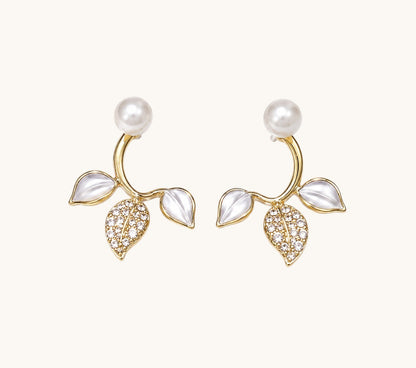 TITLIYA Korean Style Anti-Tarnish Pearl Leaf Stud Earrings for Women | Gold-Tone Pearl & Crystal Stud Earrings