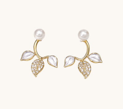 TITLIYA Korean Style Anti-Tarnish Pearl Leaf Stud Earrings for Women | Gold-Tone Pearl & Crystal Stud Earrings