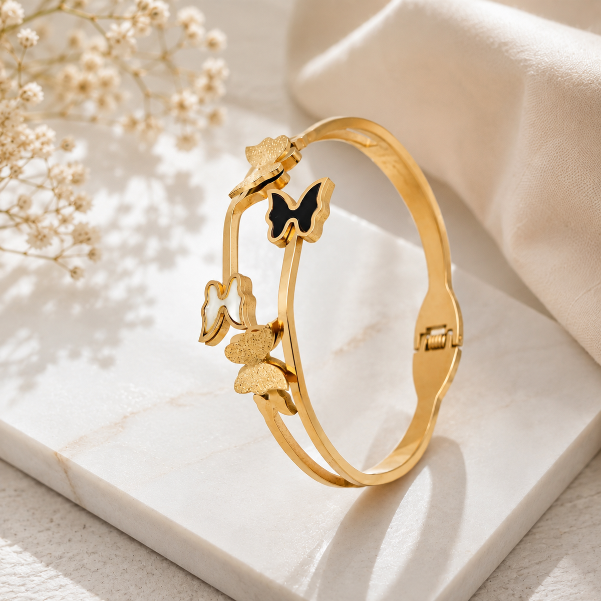 TITLIYA Korean Style Butterfly Gold Bracelet for Women – Black & White Enamel Butterfly Charm Bracelet | Anti-Tarnish