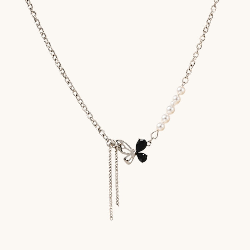 TITLIYA Korean Style Silver Pearl & Black Butterfly Pendant Necklace for Women