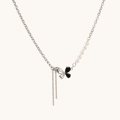 TITLIYA Korean Style Silver Pearl & Black Butterfly Pendant Necklace for Women