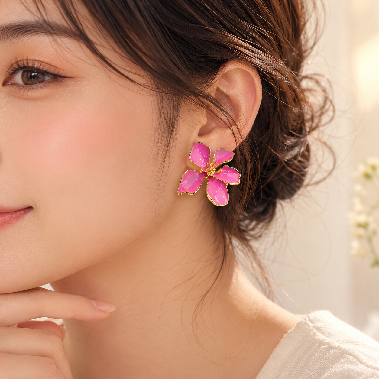 TITLIYA Korean Style Pink Floral Flower Stud Earrings for Women & Girls | Gold-Tone Enamel Statement Earrings