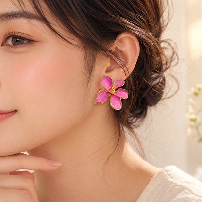 TITLIYA Korean Style Pink Floral Flower Stud Earrings for Women & Girls | Gold-Tone Enamel Statement Earrings