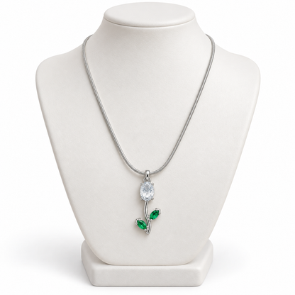 TITLIYA Korean Style Silver Tone White & Green Tulip Pendant Necklace
