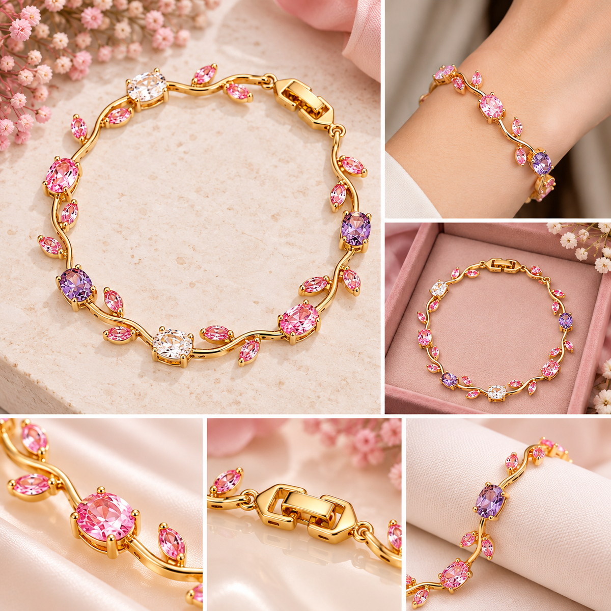 TITLIYA Korean Pink & Purple Stone Tulip Bracelet For Women