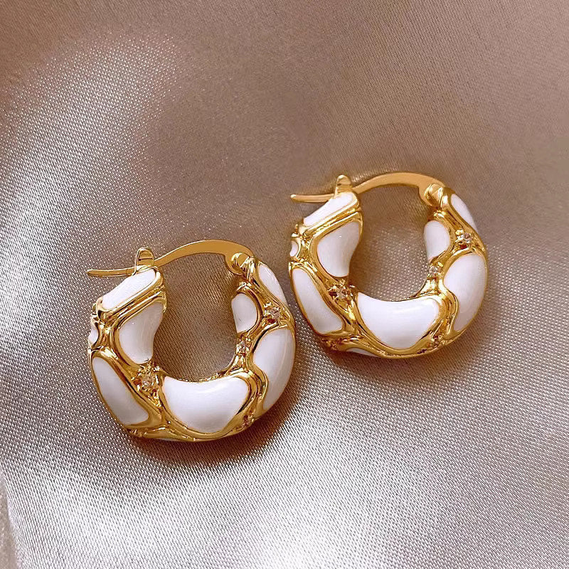 TITLIYA Korean White Enamel Anti-Tarnish Gold Hoop Earrings for Women