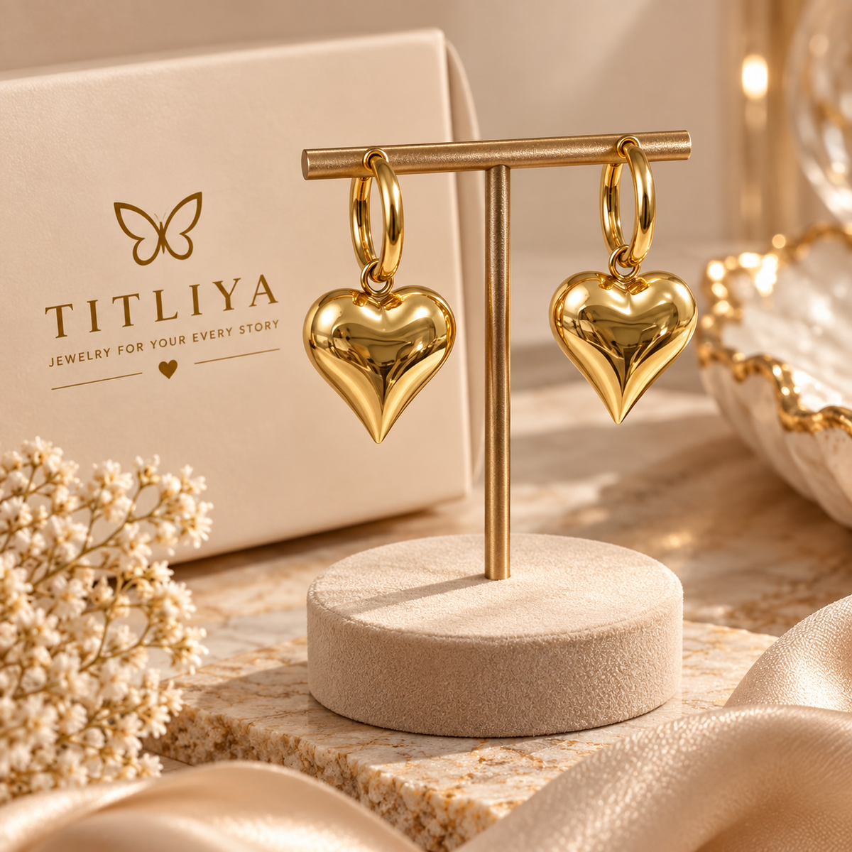 TITLIYA Korean Style Gold Heart Drop Hoop Earrings