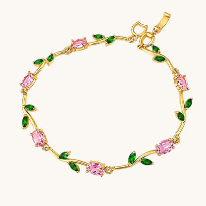 Korean Pink & Green Stone Vine Bracelet for Women | Gold-Tone Floral Leaf Bracelet