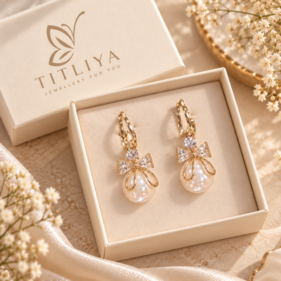 TITLIYA Korean Style Gold Pearl Bow Drop Earrings