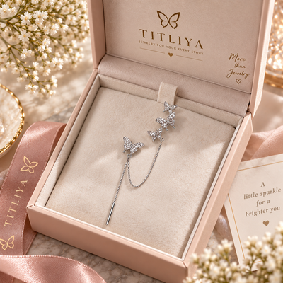 TITLIYA Korean Style Silver Butterfly Crystal Chain Drop Earrings