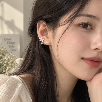 TITLIYA Korean Style Gold Pearl & Floral Drop Earrings