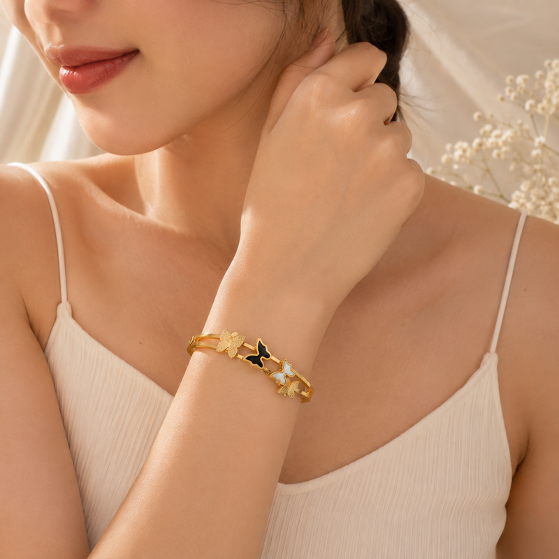 TITLIYA Korean Style Butterfly Gold Bracelet for Women – Black & White Enamel Butterfly Charm Bracelet | Anti-Tarnish