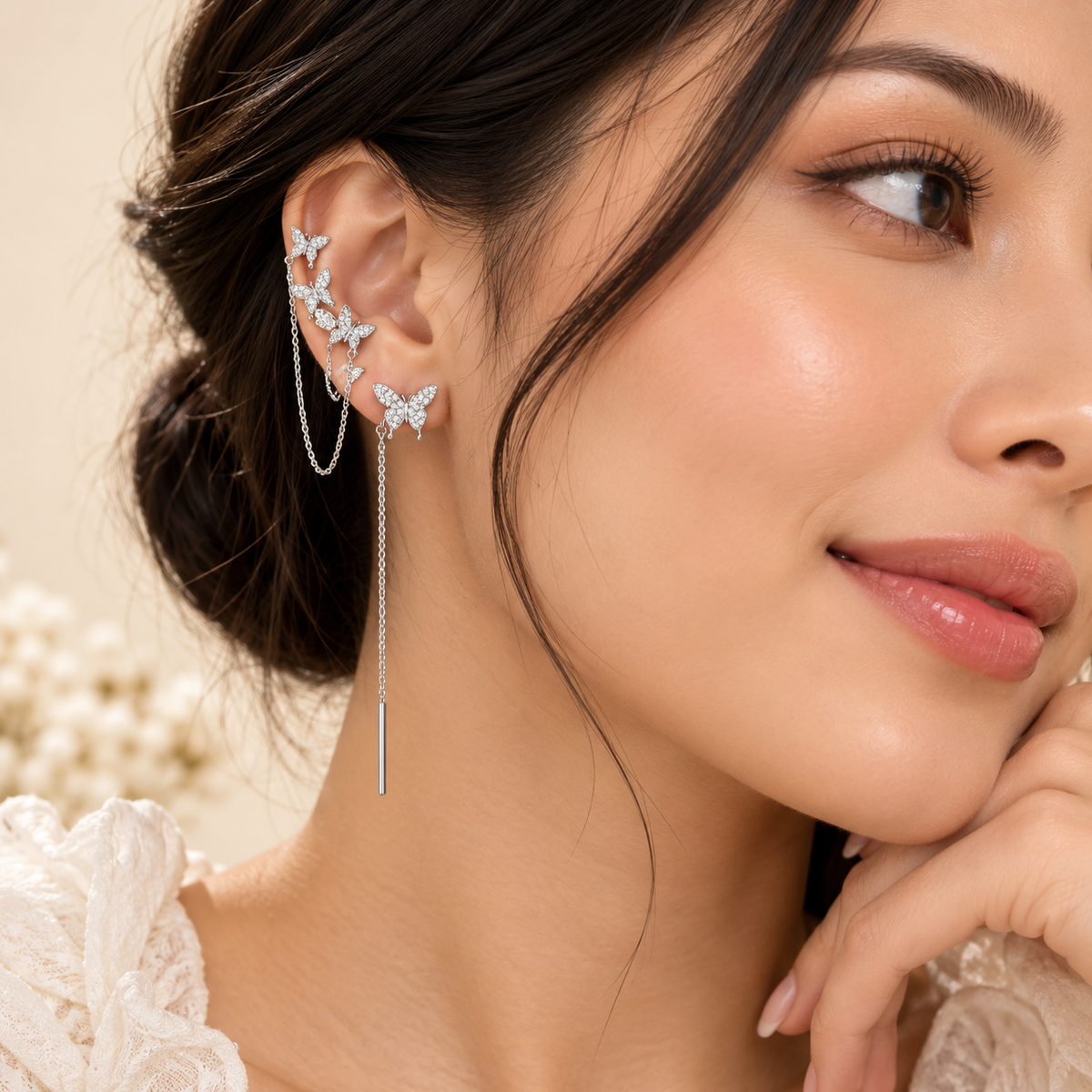 TITLIYA Korean Style Silver Butterfly Crystal Chain Drop Earrings
