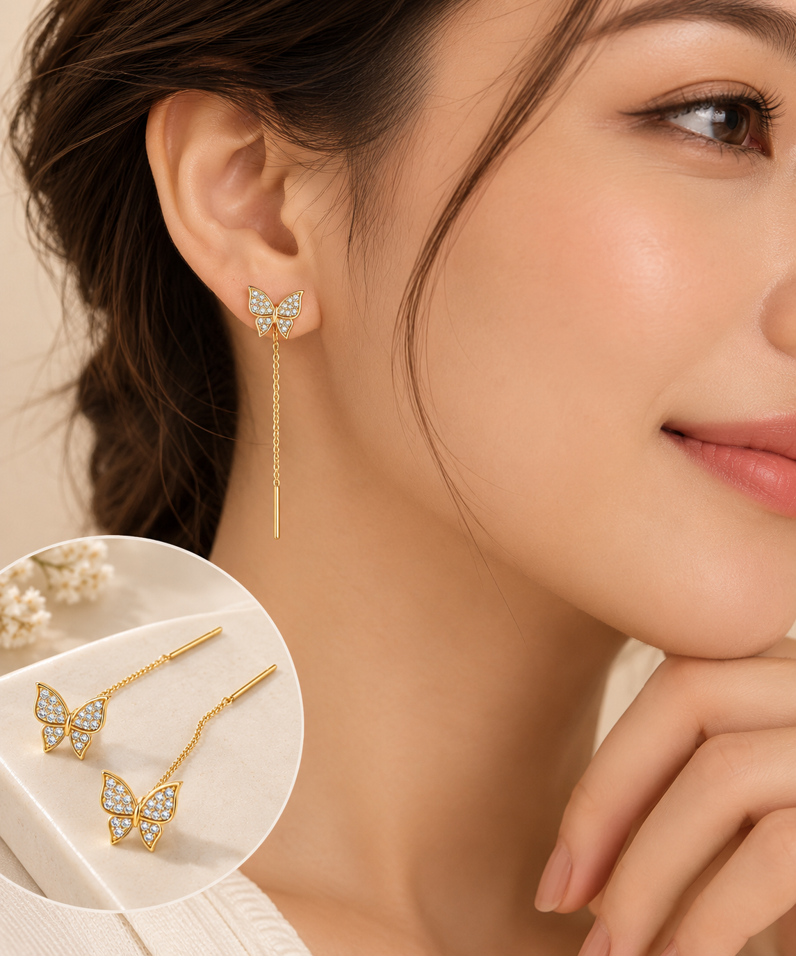 TITLIYA Korean Style Gold Butterfly Crystal Threader Earrings