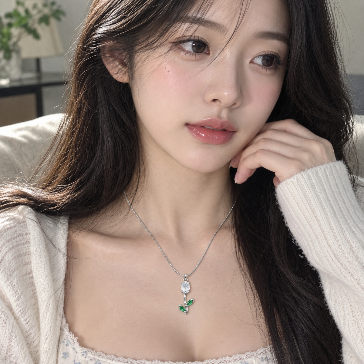 TITLIYA Korean Style Silver Tone White & Green Tulip Pendant Necklace