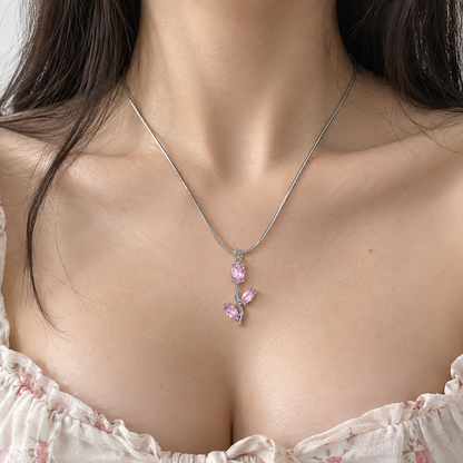 TITLIYA Korean Style Silver Tone Pink Tulip Pendant Necklace