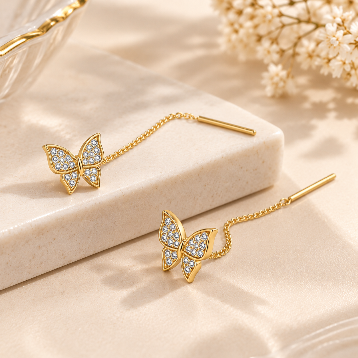 TITLIYA Korean Style Gold Butterfly Crystal Threader Earrings