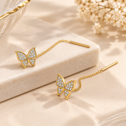 TITLIYA Korean Style Gold Butterfly Crystal Threader Earrings