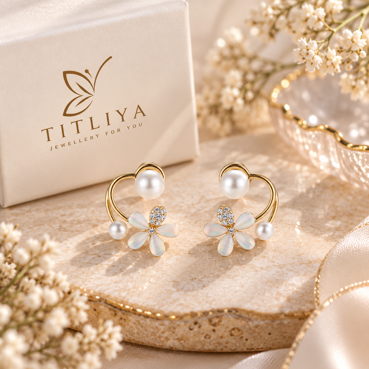 TITLIYA Korean Style Gold Pearl & Floral Drop Earrings