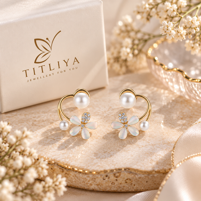 TITLIYA Korean Style Gold Pearl & Floral Drop Earrings
