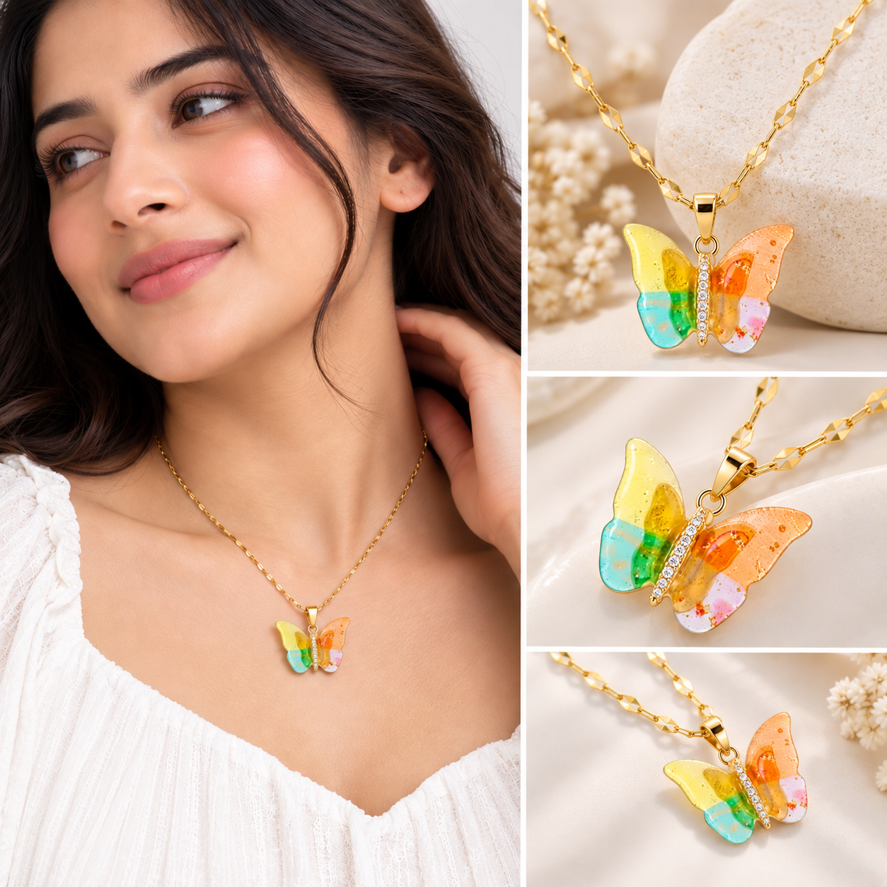 TITLIYA Korean Style Gold Multicolor Butterfly Pendant Necklace