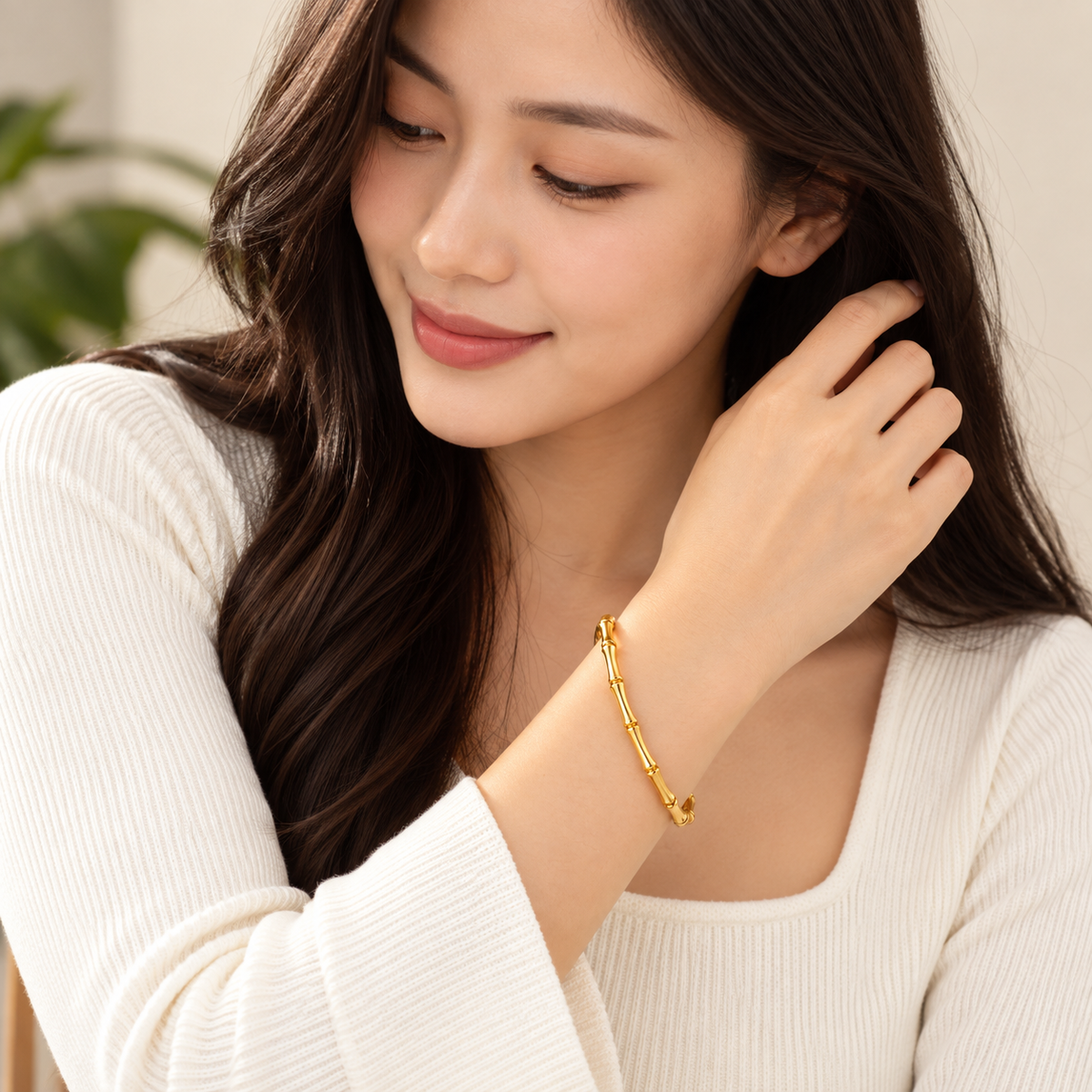 TITLIYA Korean Style Gold Tone Bamboo Bracelet for Women