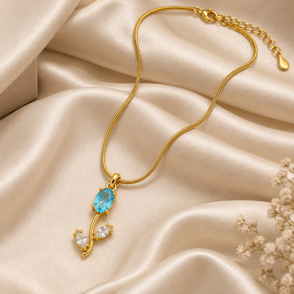 TITLIYA Korean Style Gold Tone Blue & White Tulip Pendant Necklace