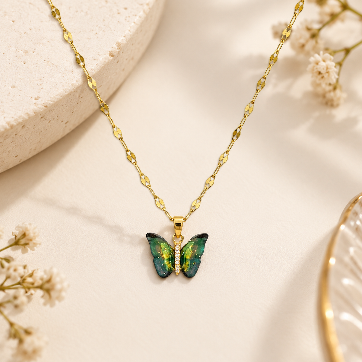TITLIYA Korean Style Gold Butterfly Green Pendant Necklace