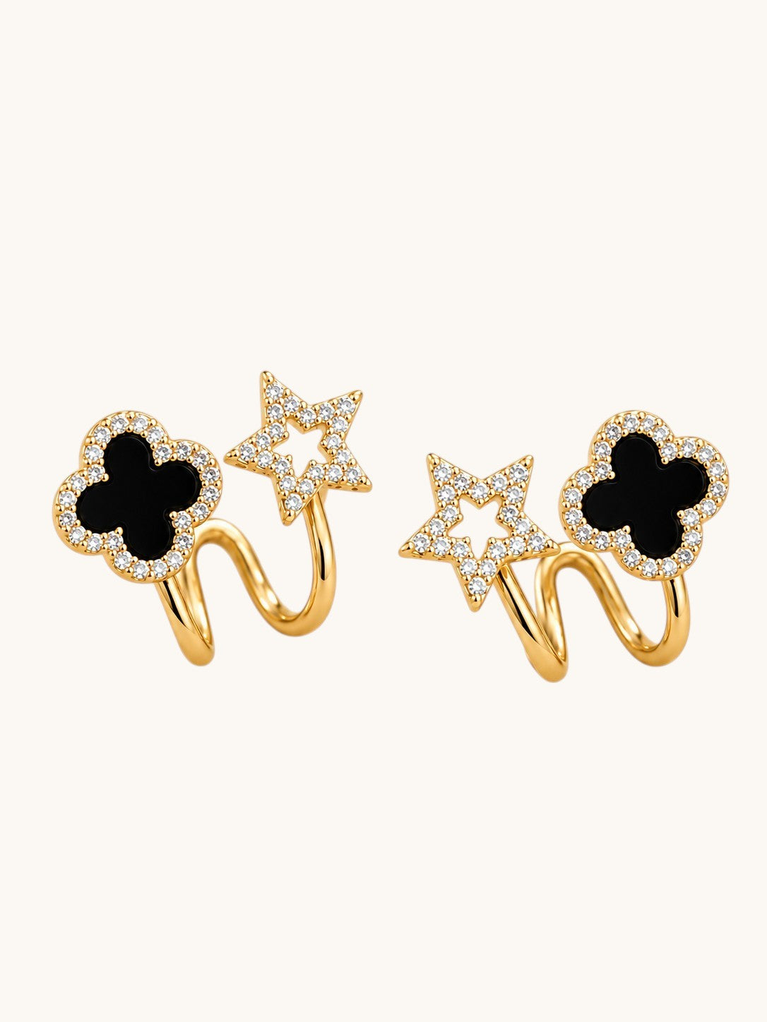 TITLIYA Korean Style Black Clover & Star Earrings for Women – Gold-Tone Crystal Stud Earrings