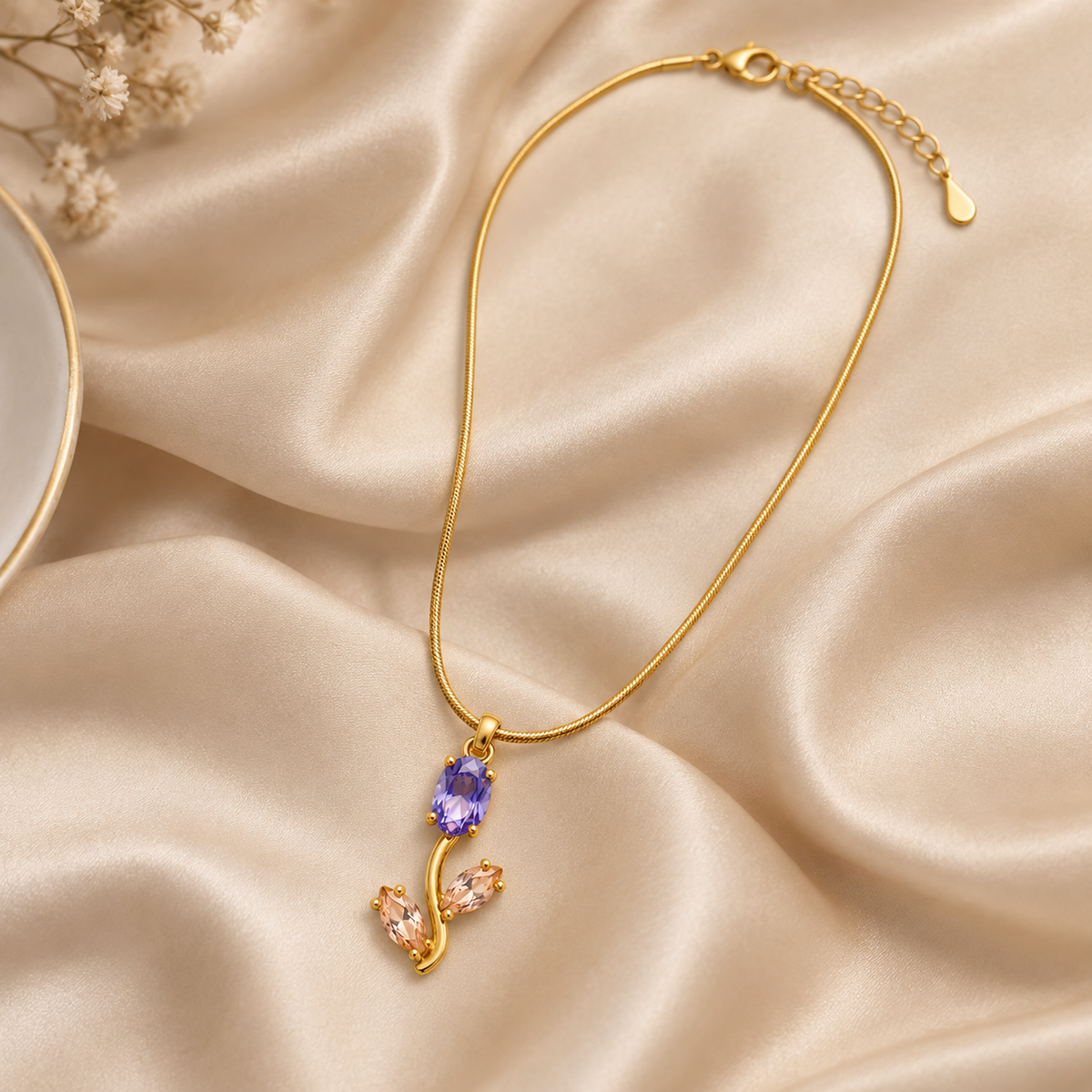 TITLIYA Korean Style Gold Tone Purple & Pink Tulip Pendant Necklace
