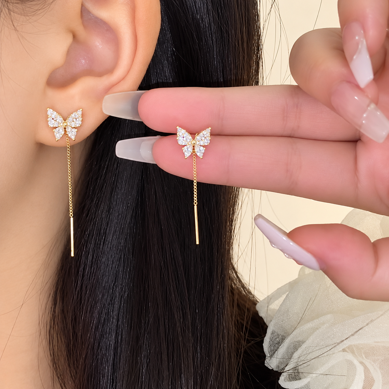 TITLIYA Korean Style Gold Butterfly Crystal Threader Earrings