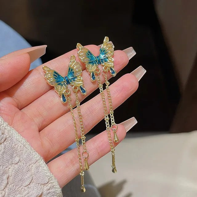 Blue Butterfly Drop Earrings (Ocean Hue) - TITLIYA
