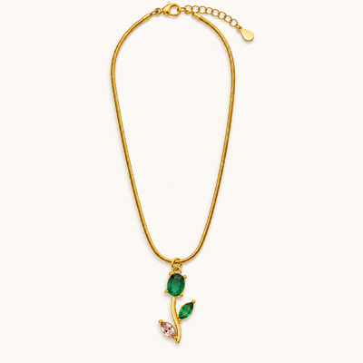 TITLIYA Korean Style Gold Tone Green & Pink Tulip Pendant Necklace
