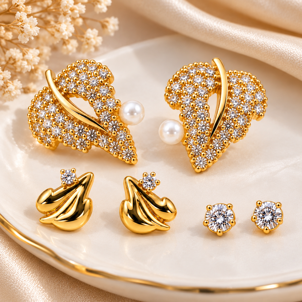 TITLIYA Korean Style Gold-Tone Pearl & Crystal Stud Earrings Set of 3 Pairs for Women
