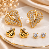 TITLIYA Korean Style Gold-Tone Pearl & Crystal Stud Earrings Set of 3 Pairs for Women