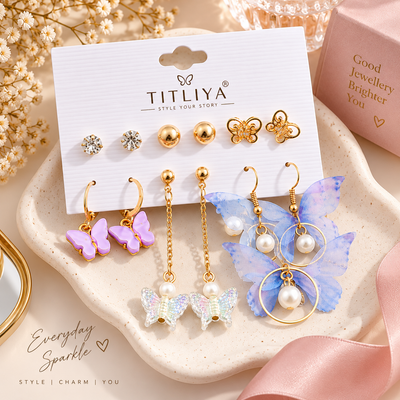 TITLIYA Korean Style Butterfly & Pearl Earrings Set of 6